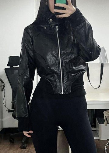 Lune London | Black patchwork synthetic leather coats with zipper