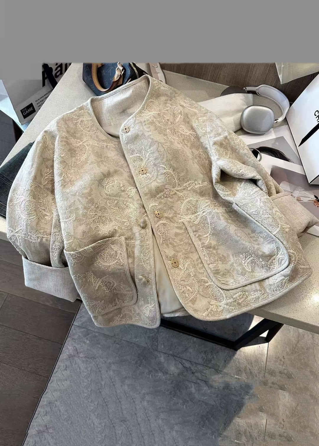 Lune London | Stylish Beige Embroidered Buttons Pockets Cotton Coats