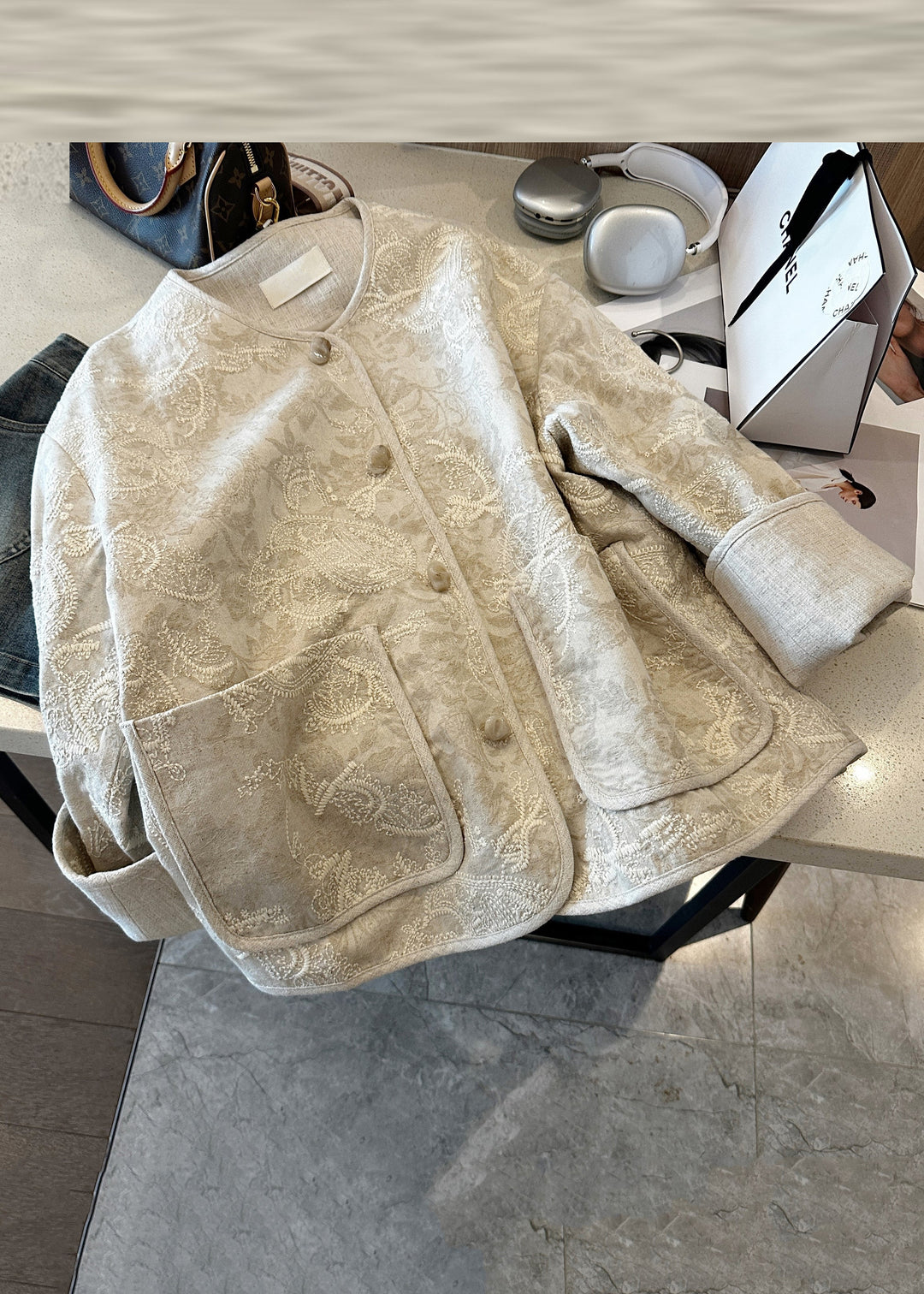 Lune London | Stylish Beige Embroidered Buttons Pockets Cotton Coats