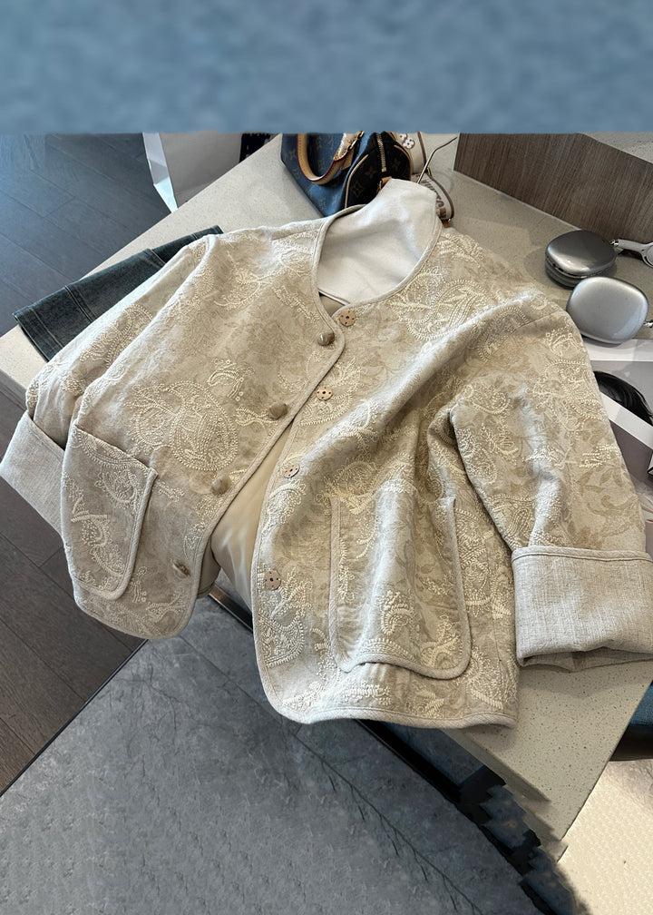 Lune London | Stylish Beige Embroidered Buttons Pockets Cotton Coats