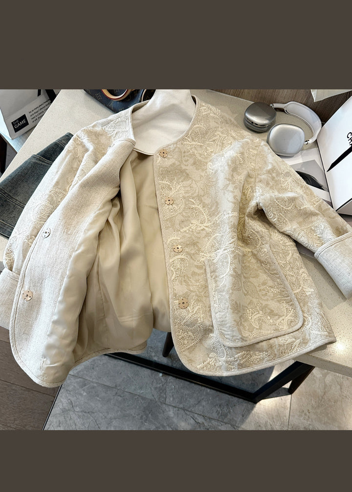 Lune London | Stylish Beige Embroidered Buttons Pockets Cotton Coats