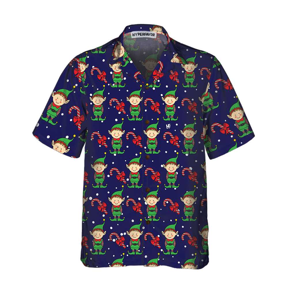 Lune London | Blue Hawaiian shirt of Christmas elves. Christmas elf shirt, best Christmas gift idea.