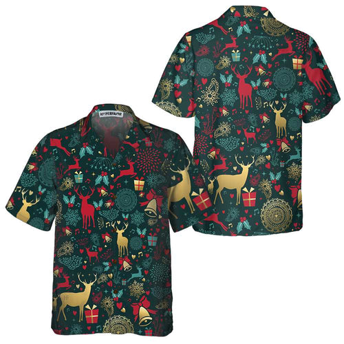 Lune London | Chemise hawaïenne motif cerf doré de Noël, chemise renne de Noël, meilleure idée cadeau de Noël