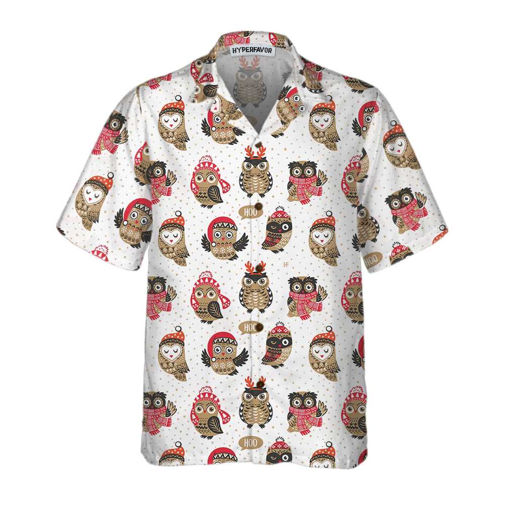Lune London | Christmas Owl with Knitted Hat Hawaiian Shirt, Fun Christmas Shirt, Best Christmas Gift Idea