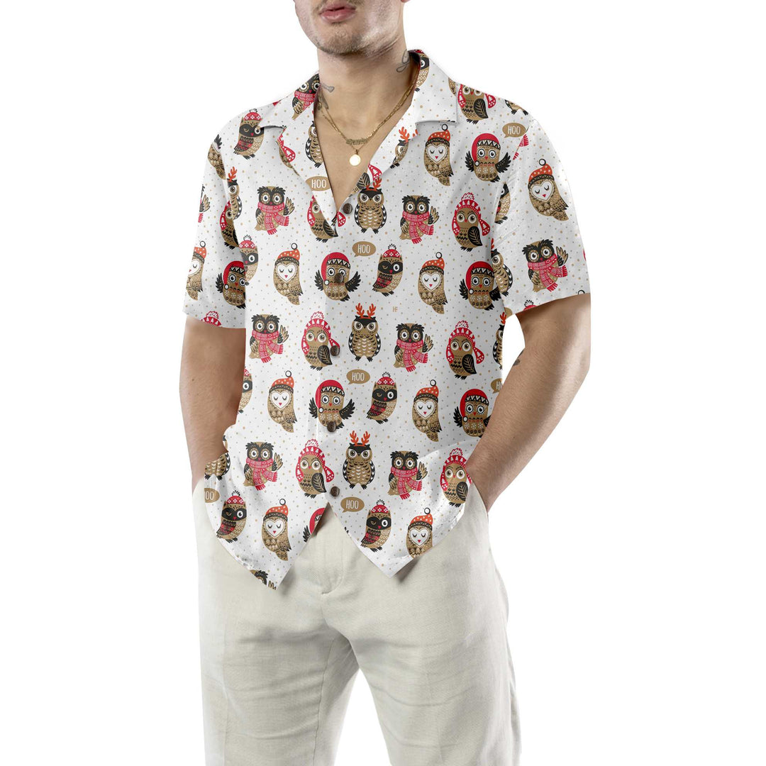 Lune London | Christmas Owl with Knitted Hat Hawaiian Shirt, Fun Christmas Shirt, Best Christmas Gift Idea