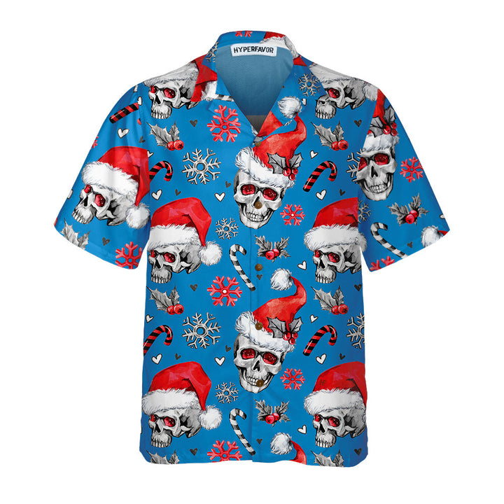 Lune London | Christmas Skull with Candy Canes Blue Version Christmas Hawaiian Shirt, Christmas Skull Hawaiian Shirt for Men