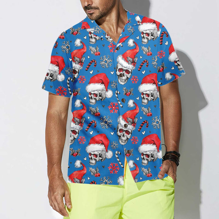 Lune London | Christmas Skull with Candy Canes Blue Version Christmas Hawaiian Shirt, Christmas Skull Hawaiian Shirt for Men