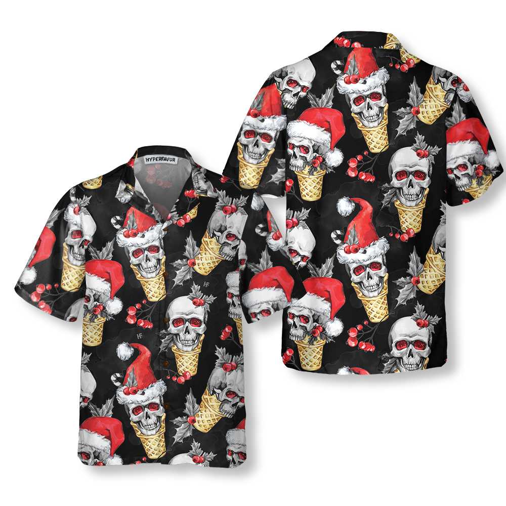 Lune London | Christmas Skull Hawaiian Shirt with Waffle Cone, Fun Christmas Skull T-Shirt, Best Gift for Christmas