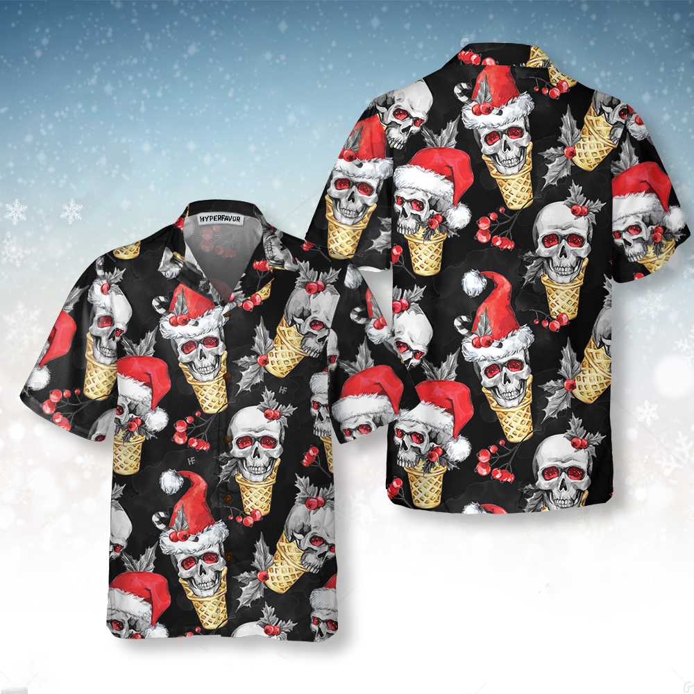 Lune London | Christmas Skull Hawaiian Shirt with Waffle Cone, Fun Christmas Skull T-Shirt, Best Gift for Christmas