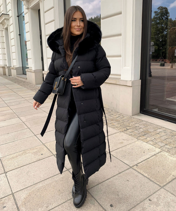 Lune London | Women's Long Quilted Winter Parka with Hood and Belt