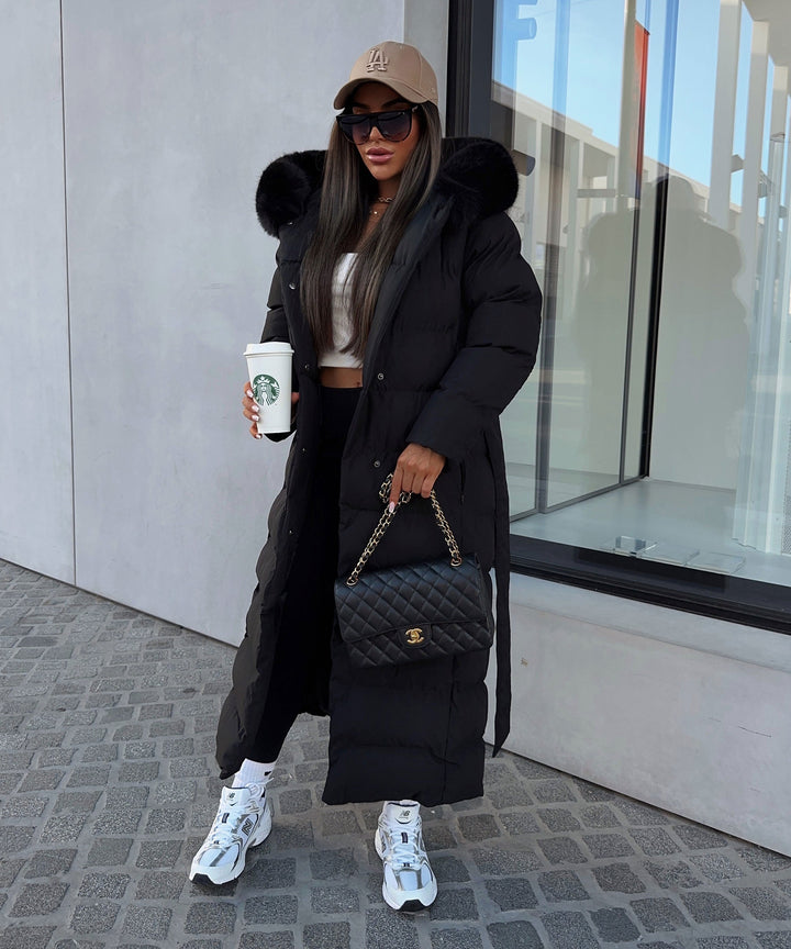 Lune London | Women's Long Quilted Winter Parka with Hood and Belt