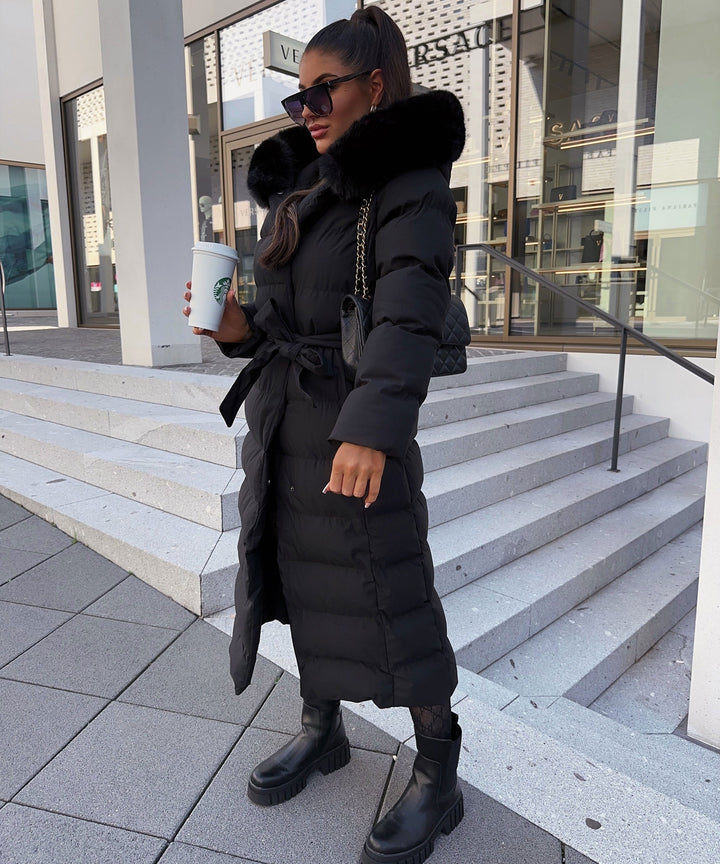 Lune London | Women's Long Quilted Winter Parka with Hood and Belt