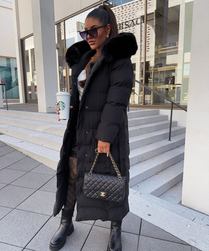 Lune London | Women's Long Quilted Winter Parka with Hood and Belt