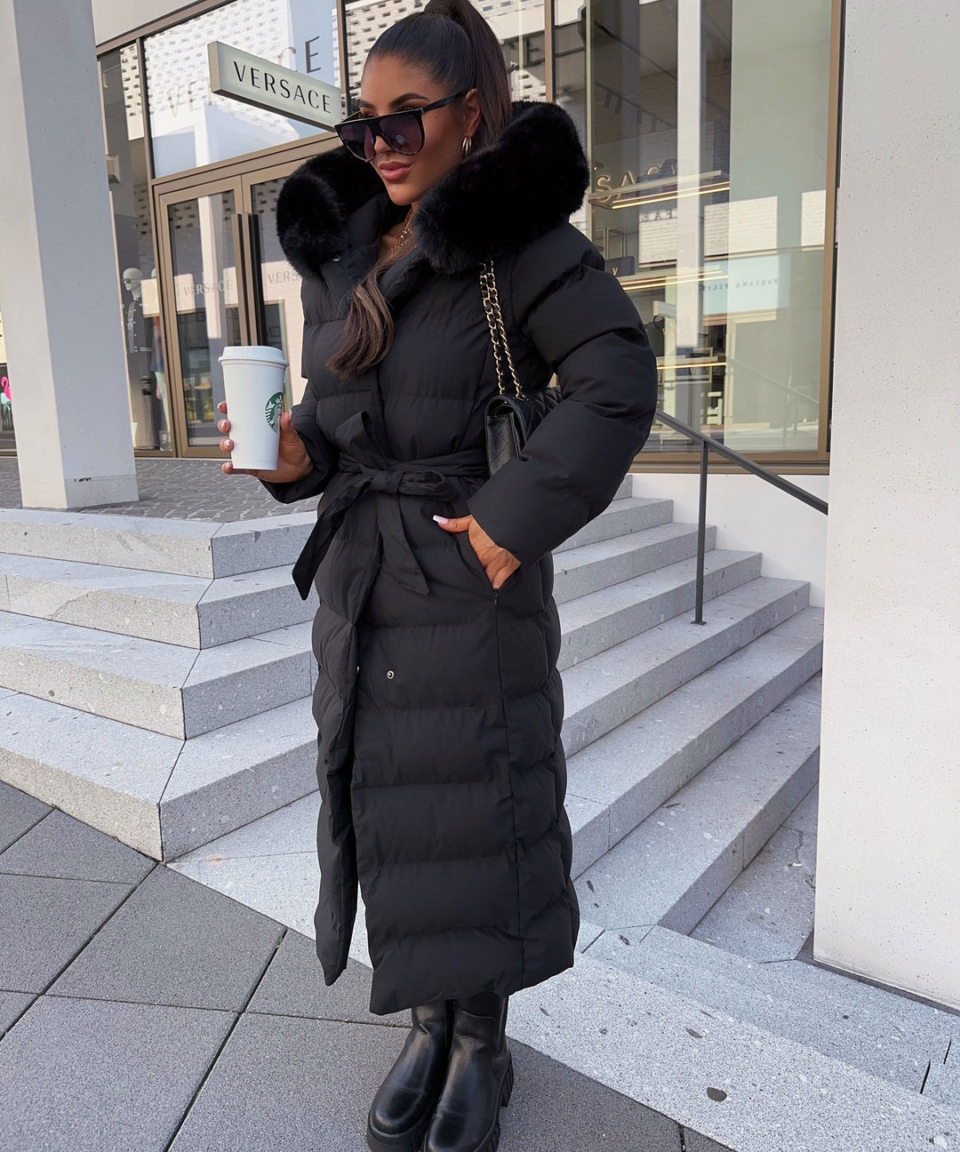 Lune London | Women's Long Quilted Winter Parka with Hood and Belt