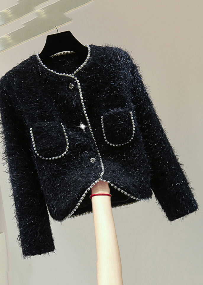 Lune London | Winter patchwork coats with pockets, beads, and studs, with a black O-neck
