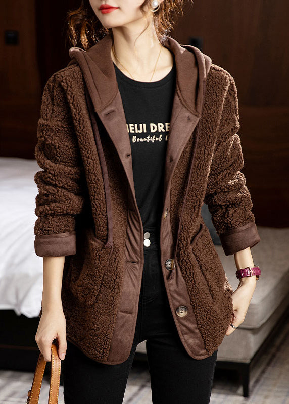 Chic und Stil | Patchwork Teddy Coats Synthetic Fur Hooded Long Sleeve Pouches
