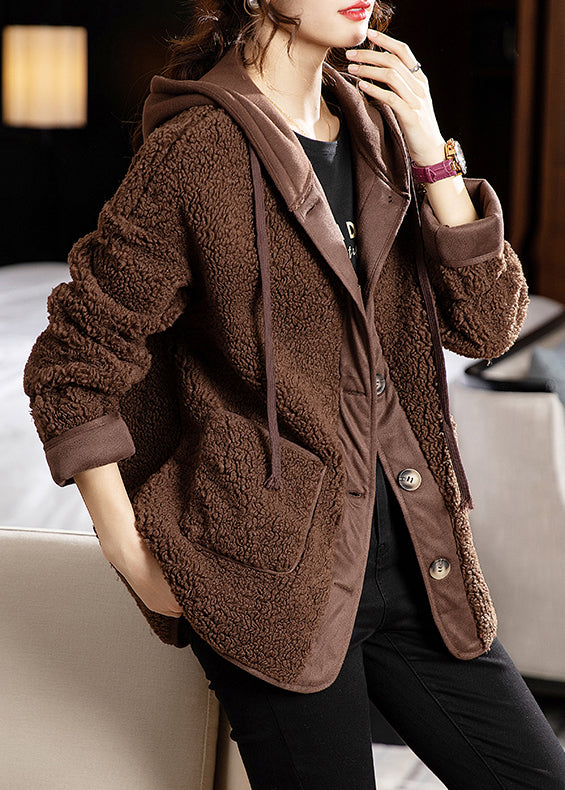 Chic und Stil | Patchwork Teddy Coats Synthetic Fur Hooded Long Sleeve Pouches