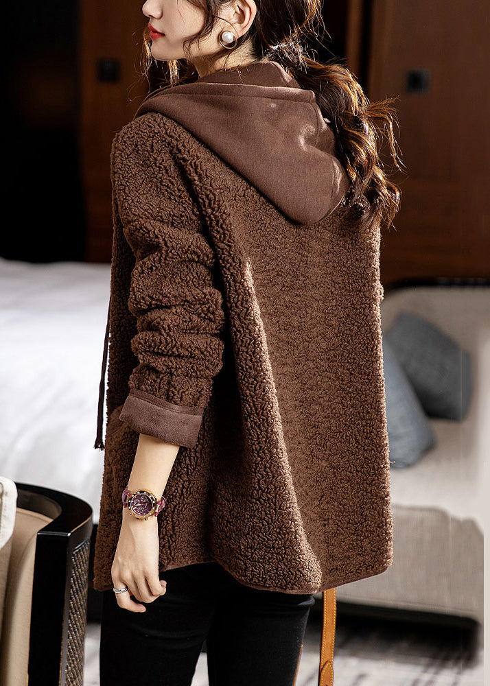 Chic und Stil | Patchwork Teddy Coats Synthetic Fur Hooded Long Sleeve Pouches