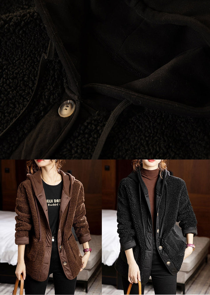 Chic und Stil | Patchwork Teddy Coats Synthetic Fur Hooded Long Sleeve Pouches