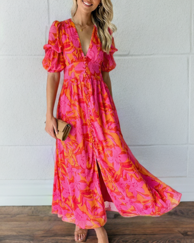 Lune London | Elegant dress with puff sleeves and deep V-neck print