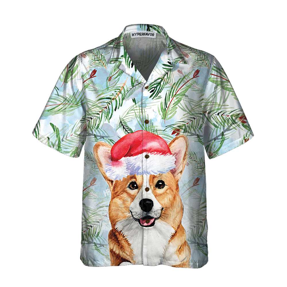Lune London | Corgi Hawaiian Shirt with Christmas Tree Branch Pattern, Christmas Corgi Shirt, Best Christmas Gift Idea