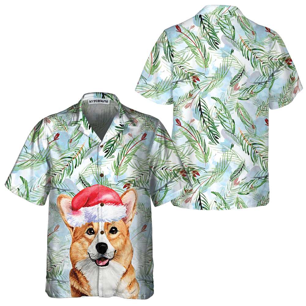 Lune London | Corgi Hawaiian Shirt with Christmas Tree Branch Pattern, Christmas Corgi Shirt, Best Christmas Gift Idea