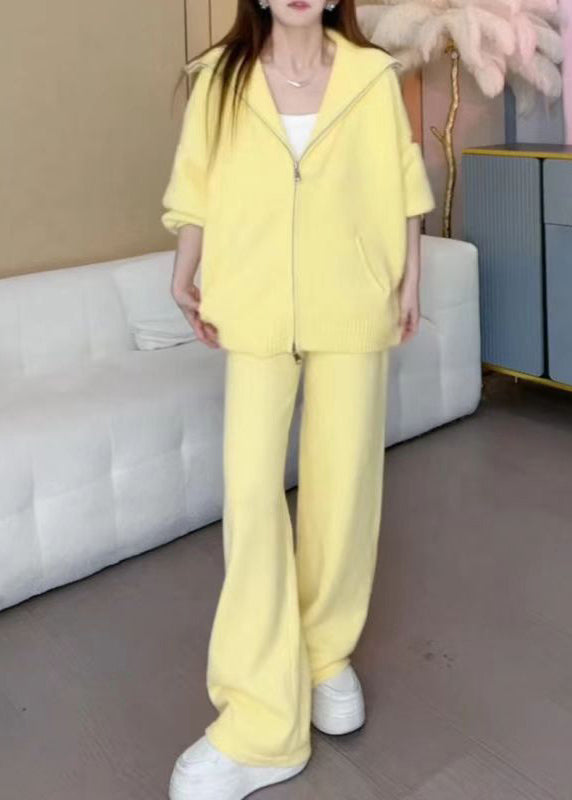 Lune London | Yellow zipper cotton knit jackets and wide leg pants two piece set winter