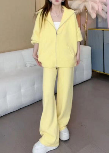 Lune London | Yellow zipper cotton knit jackets and wide leg pants two piece set winter