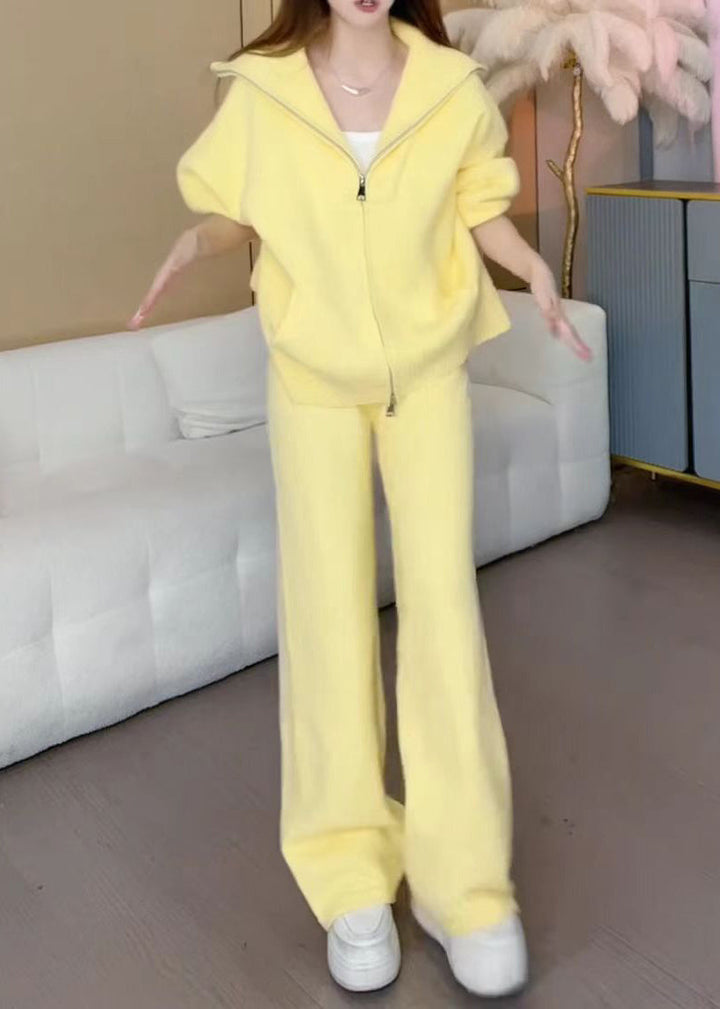Lune London | Yellow zipper cotton knit jackets and wide leg pants two piece set winter