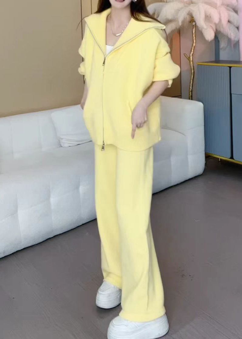 Lune London | Yellow zipper cotton knit jackets and wide leg pants two piece set winter