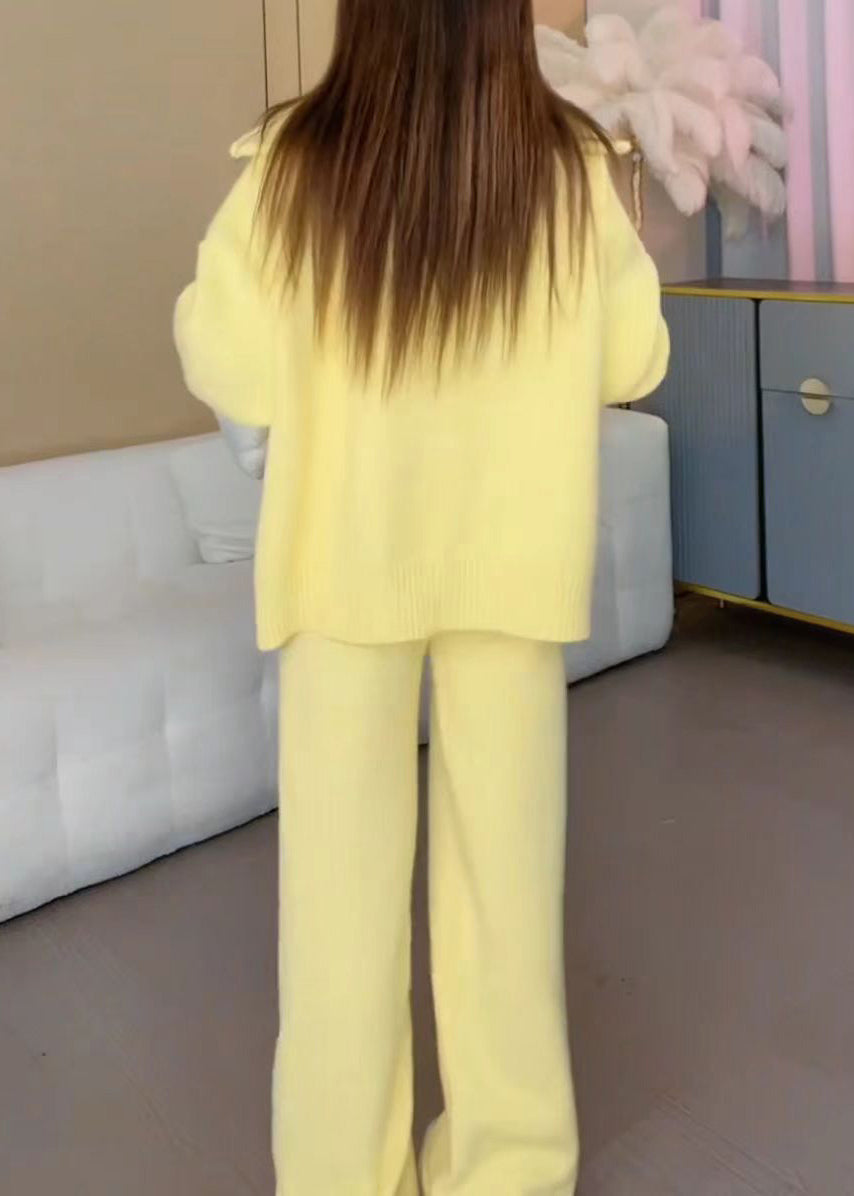 Lune London | Yellow zipper cotton knit jackets and wide leg pants two piece set winter