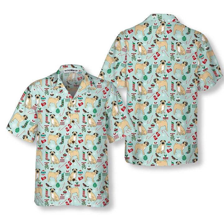 Lune London | T-shirt hawaïen de Noël mignon Pug, T-shirt hawaïen drôle de chien de Noël