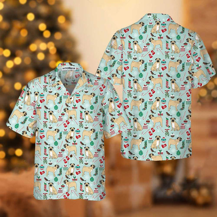 Lune London | T-shirt hawaïen de Noël mignon Pug, T-shirt hawaïen drôle de chien de Noël