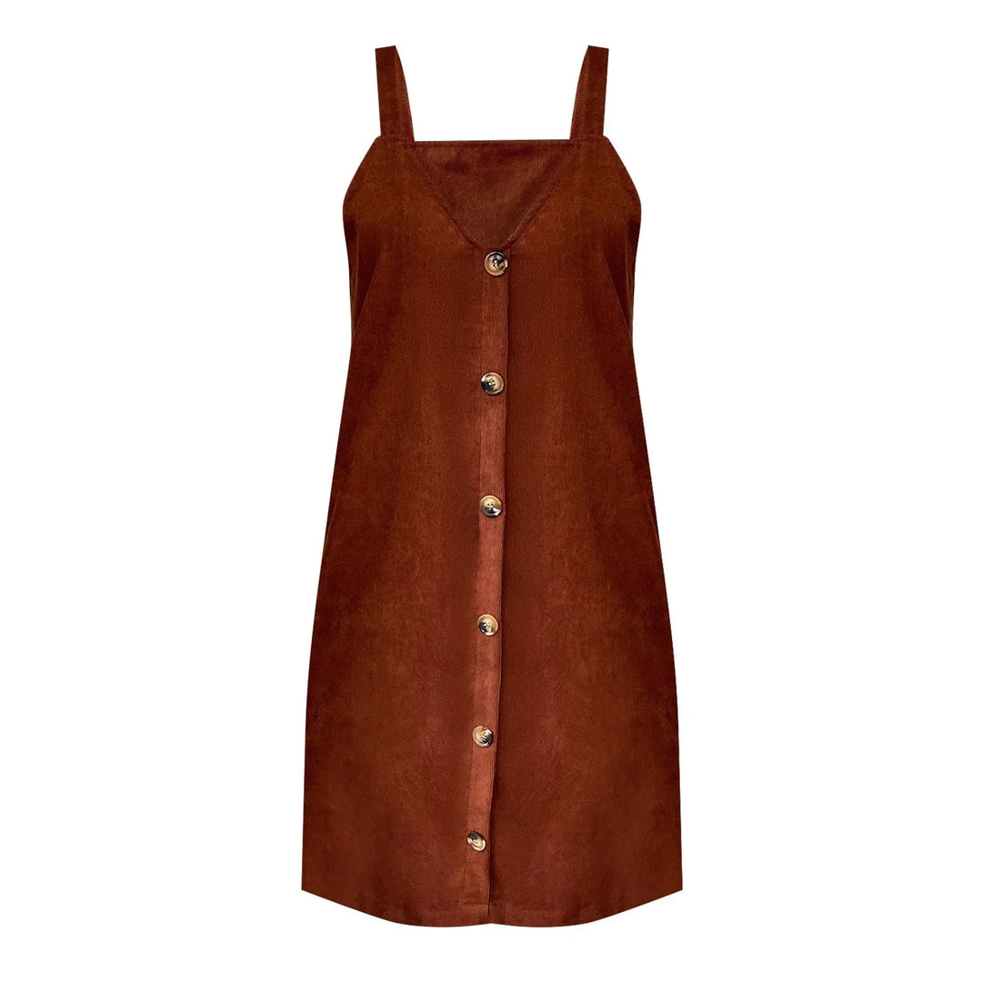 Lune London | Cord dress with straps, V-neck and button details