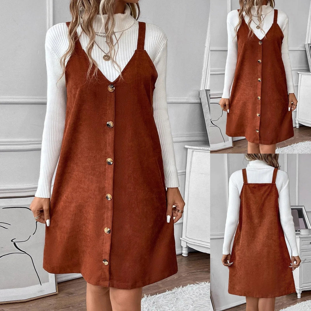 Lune London | Cord dress with straps, V-neck and button details