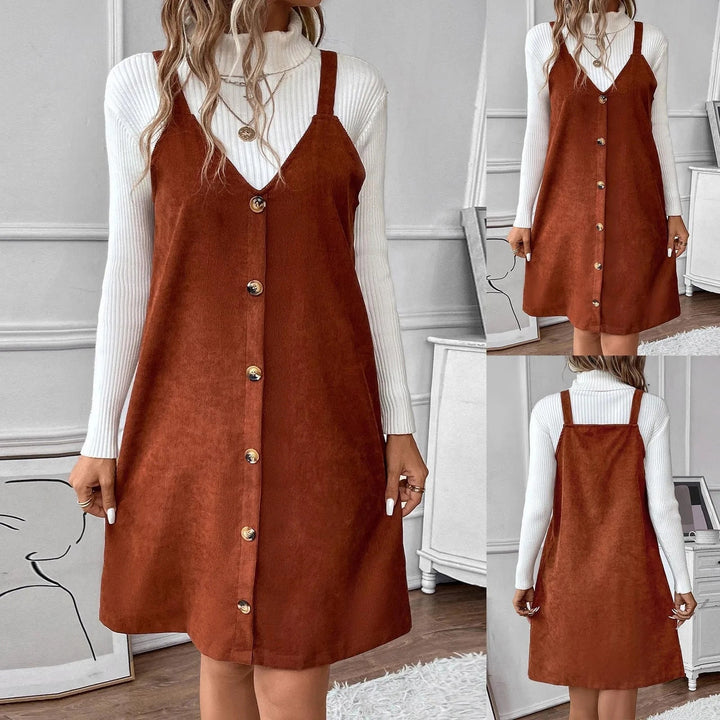 Lune London | Cord dress with straps, V-neck and button details