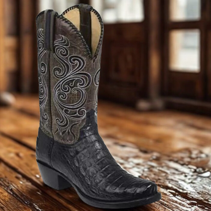 Lune London | Western Boots Embossed Leather with Block Heel