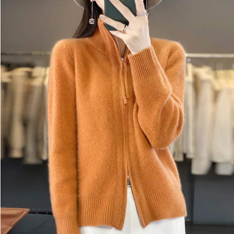 Lune London | Wool Cardigan Double Zipper and High Collar Soft and Elegant