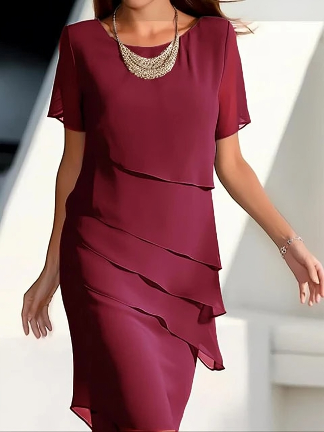 Elegant Dress - Short-Sleeve Midi Dress in Layered Chiffon