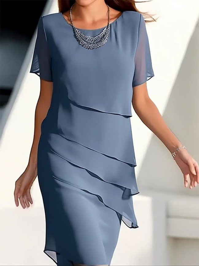Elegant Dress - Short-Sleeve Midi Dress in Layered Chiffon