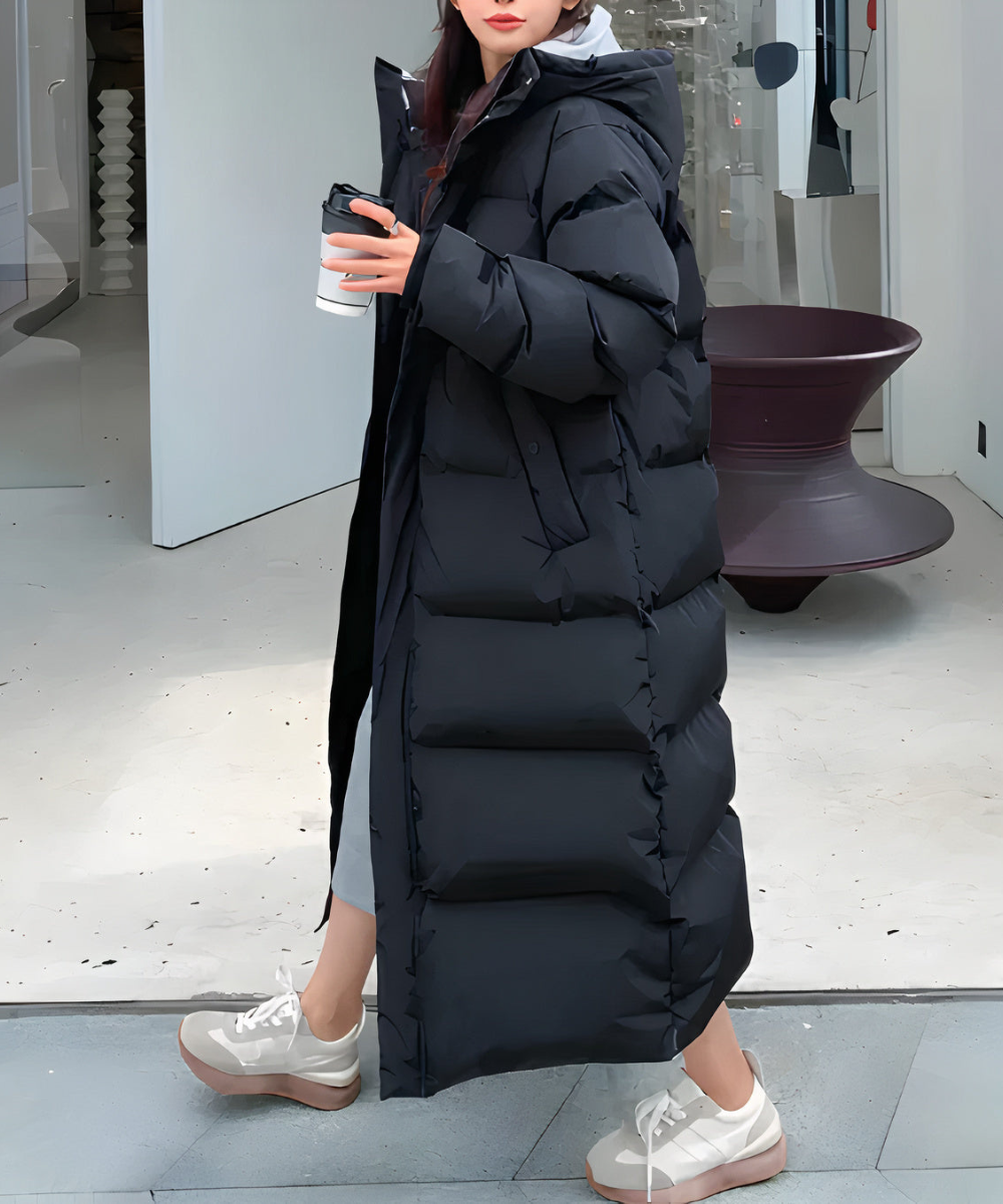 Lune London | Oversize Long Down Jacket - Quilted Hooded Zip Long Down Jacket