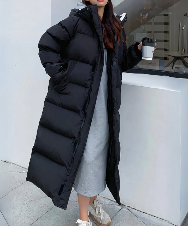 Lune London | Oversize Long Down Jacket - Quilted Hooded Zip Long Down Jacket