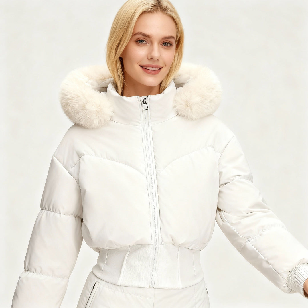 Lune London | Ladies Cropped Down Jacket with Removable Hood and Faux Fur Trim