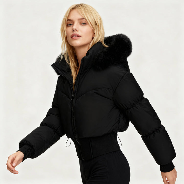 Lune London | Ladies Cropped Down Jacket with Removable Hood and Faux Fur Trim