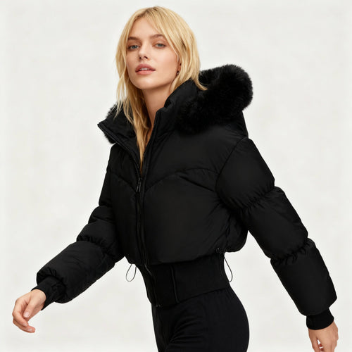 Lune London | Ladies Cropped Down Jacket with Removable Hood and Faux Fur Trim