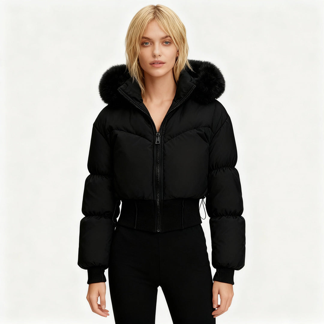Lune London | Ladies Cropped Down Jacket with Removable Hood and Faux Fur Trim
