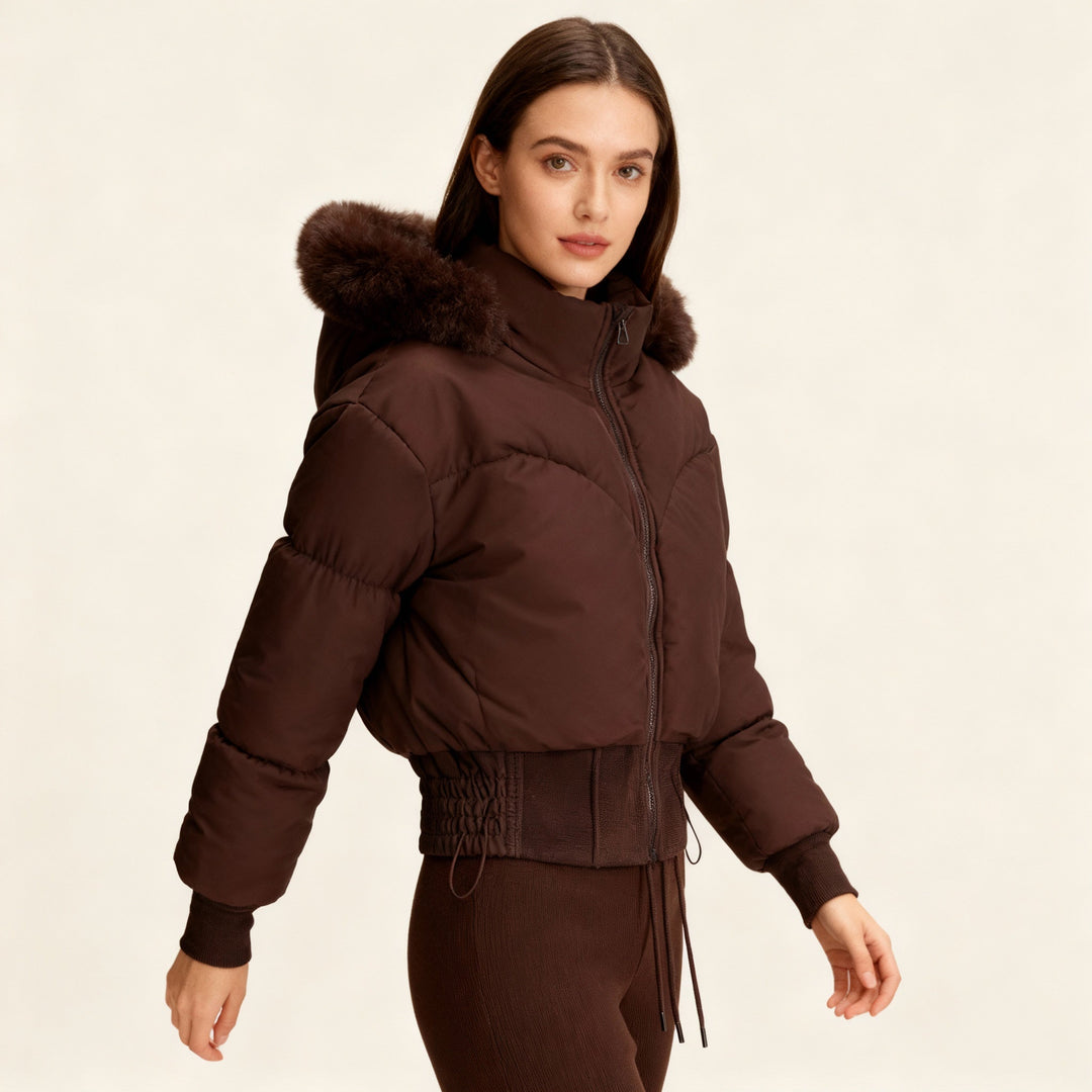 Lune London | Ladies Cropped Down Jacket with Removable Hood and Faux Fur Trim