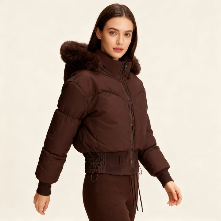 Lune London | Ladies Cropped Down Jacket with Removable Hood and Faux Fur Trim