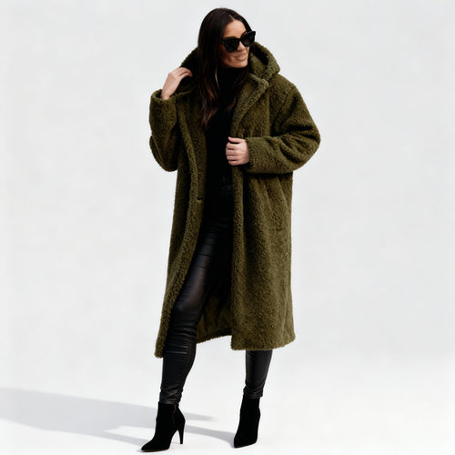 Women’s Long Teddy Coat with Hood – Warm & Stylish | Lune London