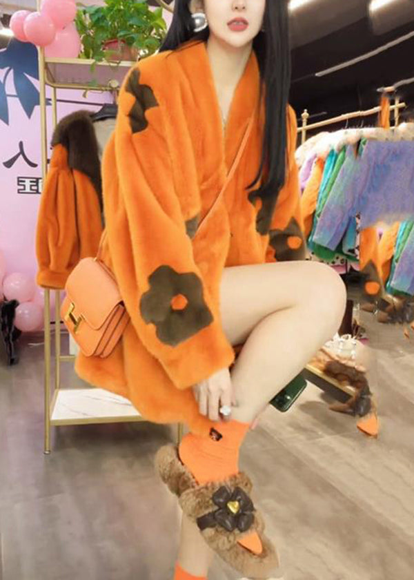 Lune London | Winter mink jacket with orange pockets and casual V neckline